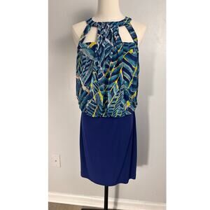 NWT Bisou Bisou Michele Bohbot Halter Midi Dress Sz 12 Tropical Leaf Print Navy